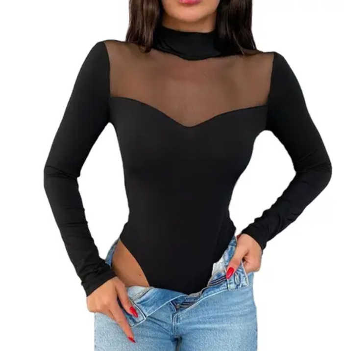 Mesh Velour Splicing Longsleeve  Bodysuit