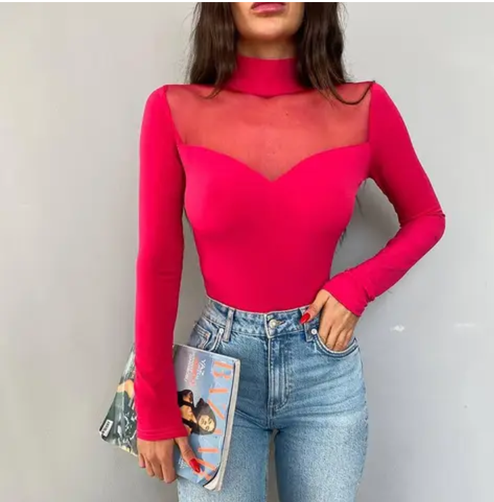 Mesh Velour Splicing Longsleeve  Bodysuit