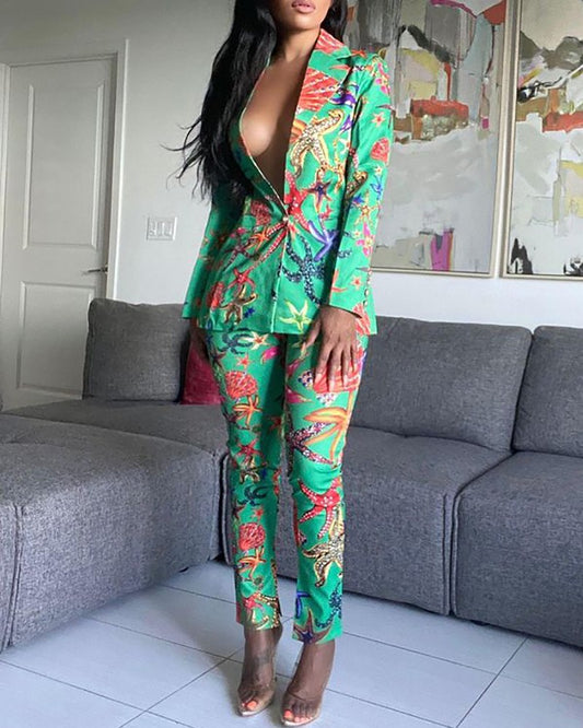 Starfish Print Long Sleeve Blazer Coat & Pants Sets
