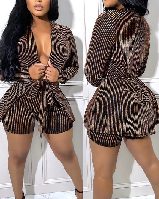 Striped Long Sleeve Belted Coat & Shorts Set