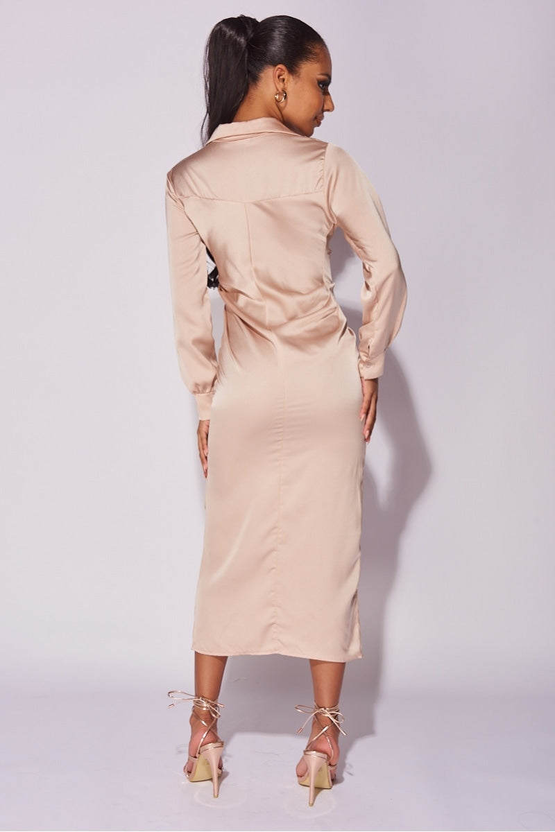 Satin Ruched Front Midaxi Shirt Dress