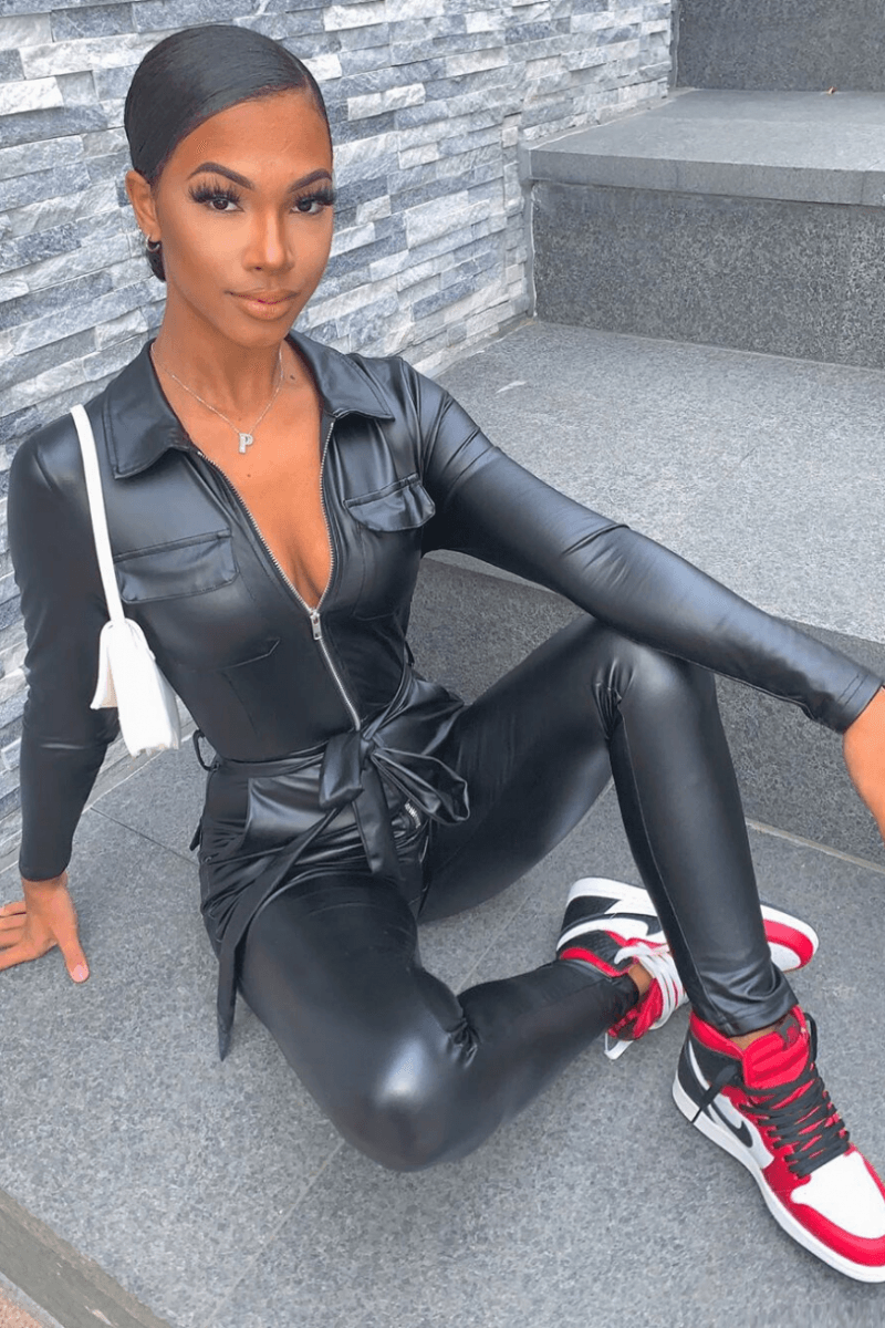 Black Zip Front Long Sleeve Belted Jumpsuit